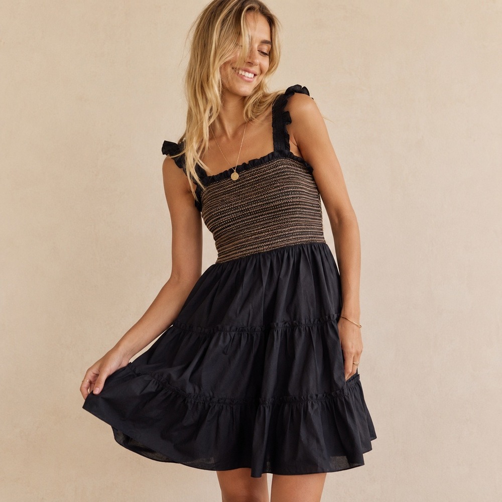 J.Crew Black Poplin Smocked Tiered Mini Dress Flutter Sleeve Sz L NWT